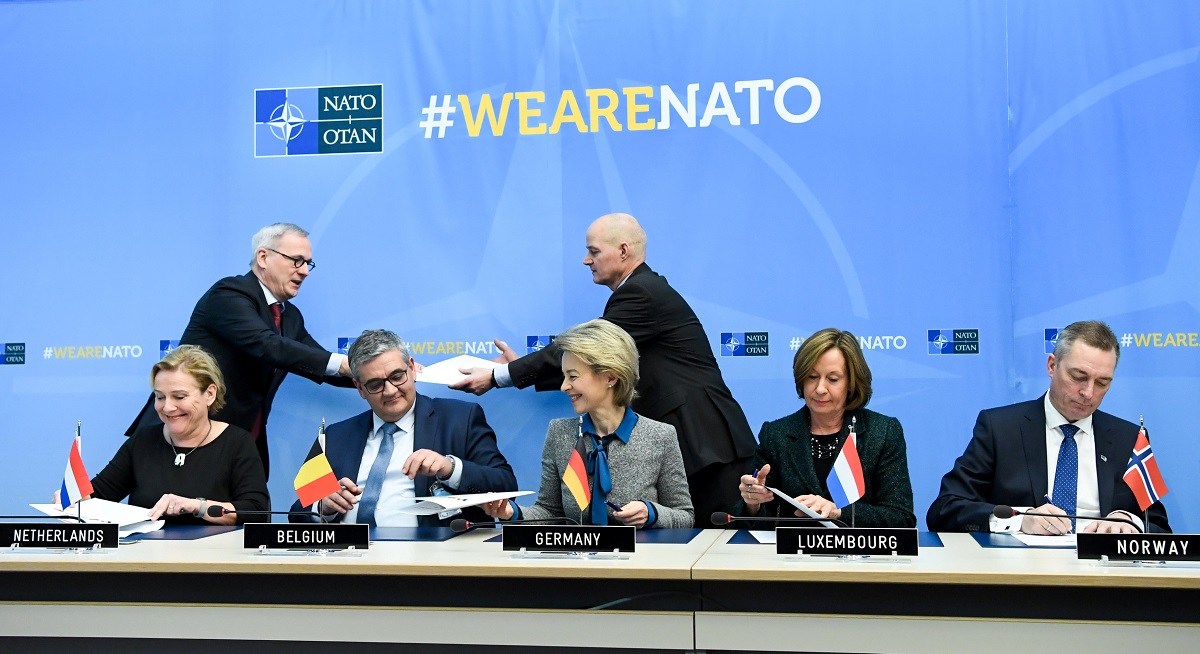 Signing ceremony of the European multinational fleet of Airbus tanker transport aircraft during a NATO defence at the Alliance headquarters in Brussels