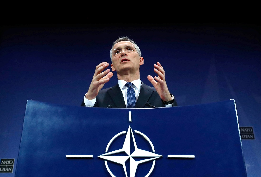 NATO Secretary-General Jens Stoltenberg addresses a news conference at the Alliance headquarters in Brussels