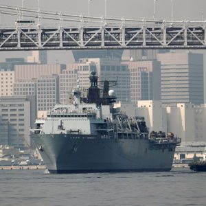 HMS Albion, the British Royal Navy flagship amphibious assault ship, arrives at Harumi Pier in Tokyo