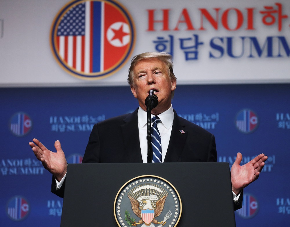 U.S. President Donald Trump holds a news conference after his summit with North Korean leader Kim Jong Un at the JW Marriott hotel in Hanoi, Vietnam
