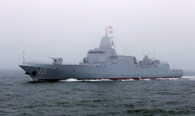 Chinese Navy’s 055-class guided missile destroyer Nanchang takes part in a naval parade off the eastern port city of Qingdao, to mark the 70th anniversary of the founding of Chinese People's Liberation Army Navy