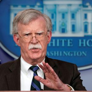 FILE PHOTO: Bolton speaks during a press briefing at the White House in Washington