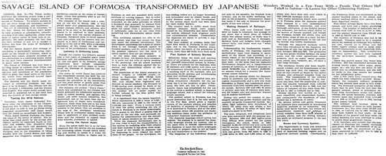 New York Times article Japanese Colonization of Taiwan Sept 1904