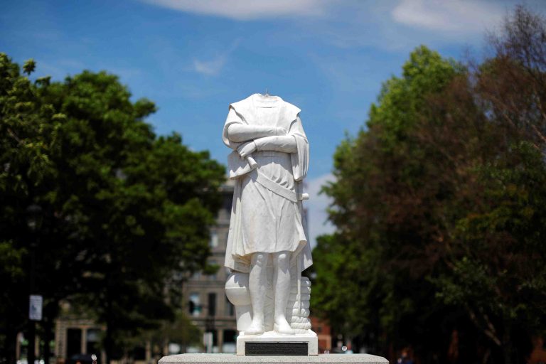 The head of a statue of Christopher Columbus was pulled off overnight in Boston