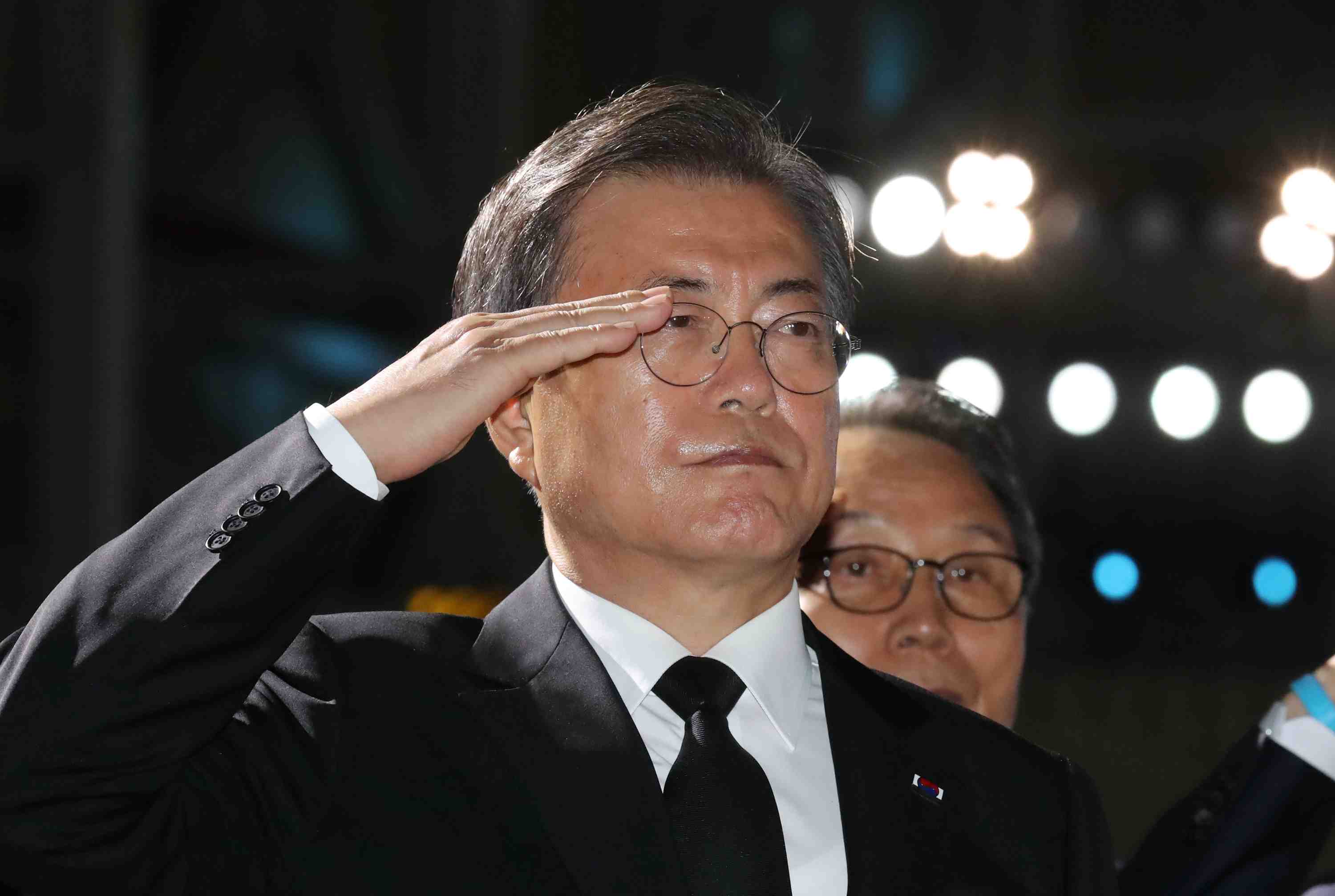 South Korean President Moon Jae-in attends a ceremony commemorating the 70th anniversary of the Korean War at Seoul Air Base in Seongnam