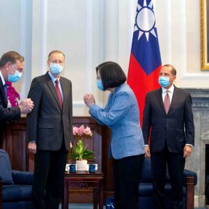 Taiwan President Tsai Ing-wen wearing a face mask meets U.S. delegation led by U.S. Secretary of Health and Human Services Alex Azar (R) at the presidential office in Taiwan