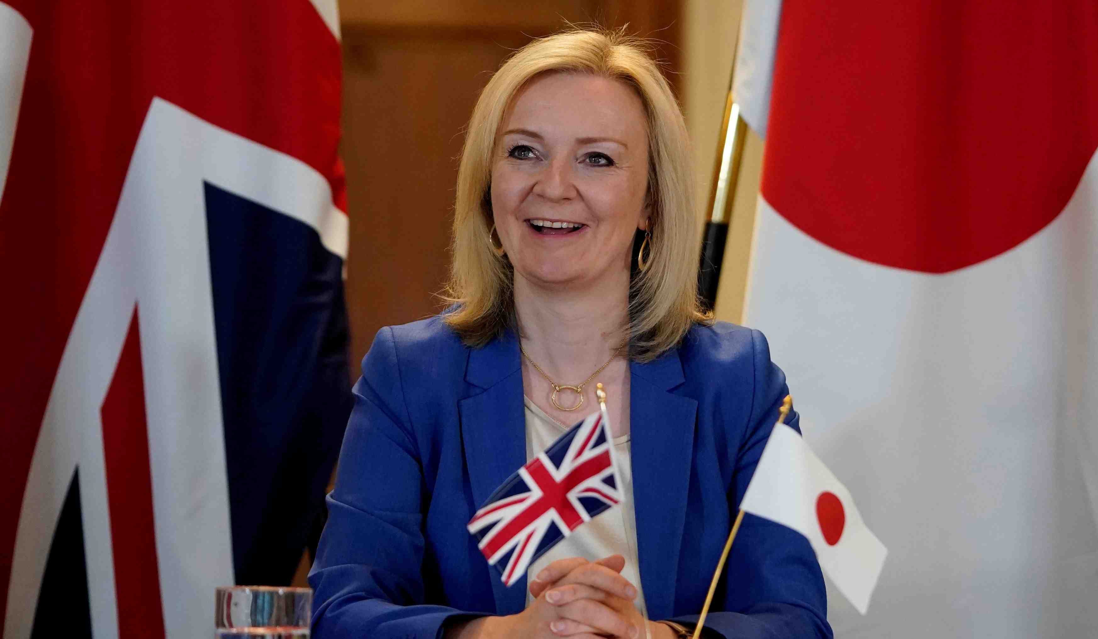 Britain's Secretary of State of International Trade and Minister for Women and Equalities Liz Truss attends a joint videoconference with Japan's Minister for Foreign Affairs Toshimitsu Motegi, in London