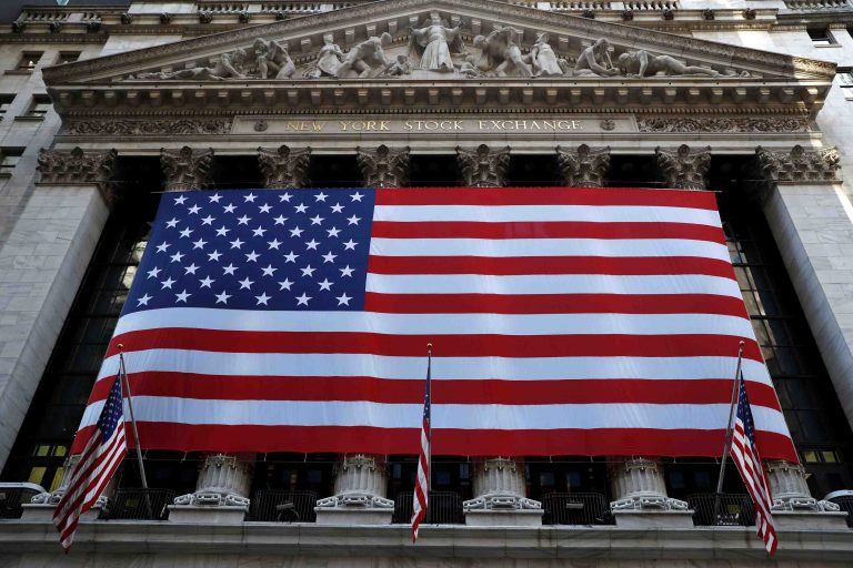 The U.S. flag is seen on the New York Stock Exchange (NYSE) following Election Day in Manhattan, New York City