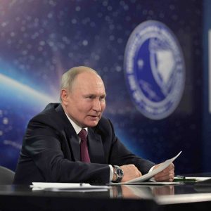 Russian President Putin chairs a meeting on the development of the space industry, via a video conference call in Engels