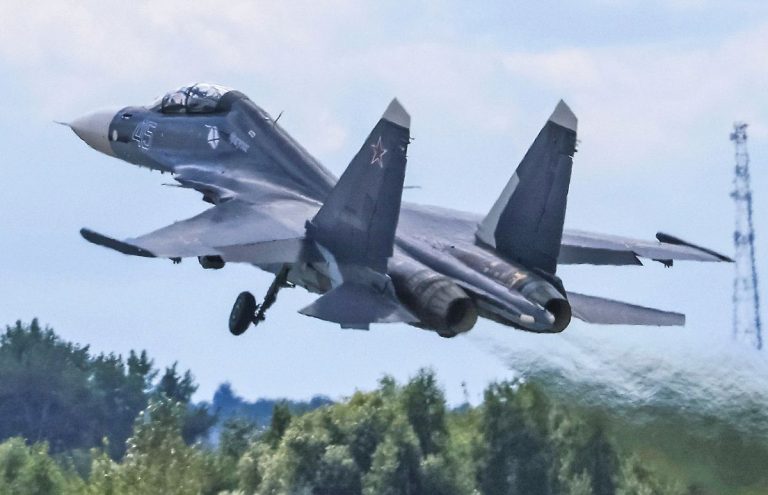 Sukhoi Su-30 taking off at the Moscow Air Show, July 2021 (Reuters)