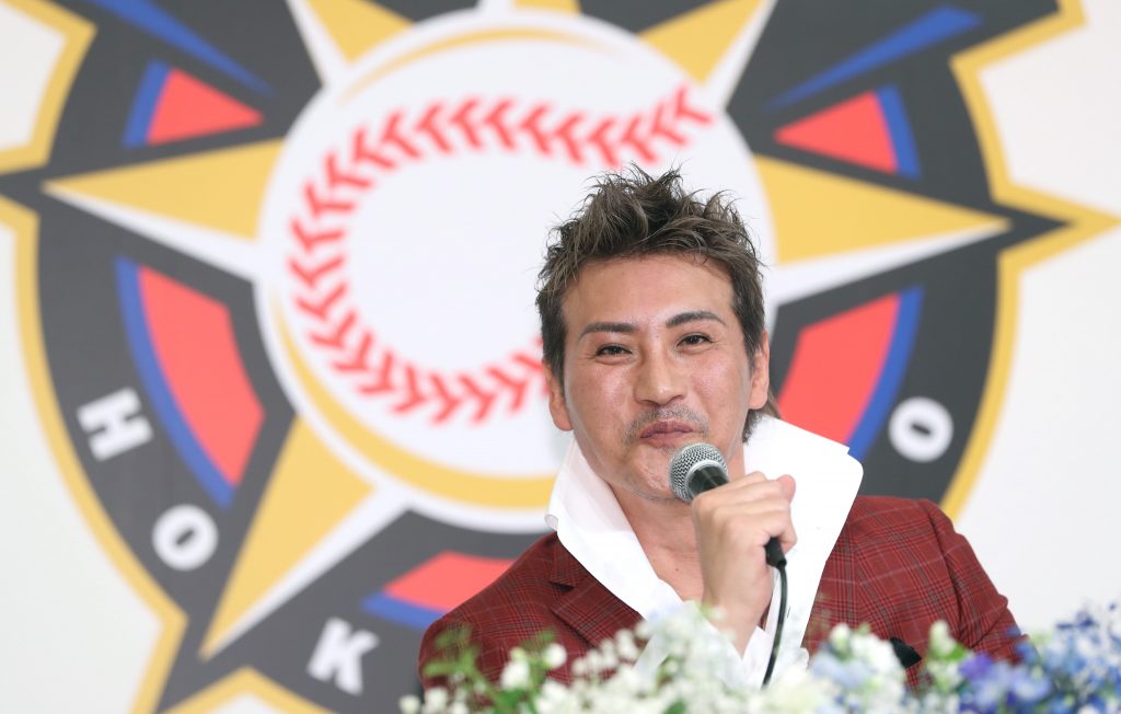 Nippon Ham Fighters manager Tsuyoshi Shinjo shows up during the  season-opening ceremony before a baseball game against the SoftBank Hawks  on March 25, 2022, at PayPay Dome in Fukuoka, southwestern Japan.  (Kyodo)==Kyodo