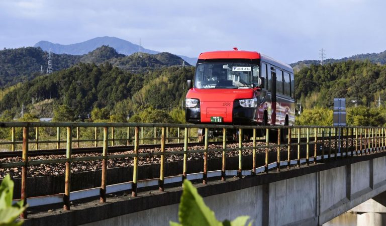 Dual-mode vehicle on a test run, Kaiyo Town, Tokushima