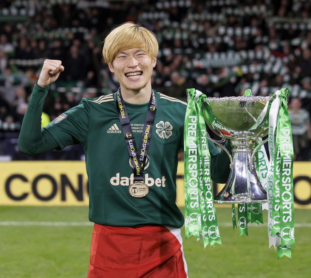 Celtic star Kyogo Furuhashi seems impressed as journalist brings