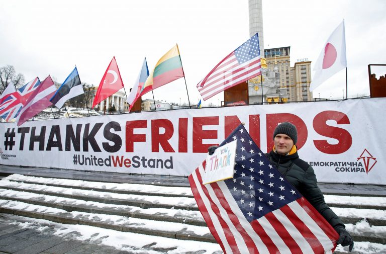 Supporters of the party "Democratic Axe" take part in a rally to thank all of Ukraine's partners for political support and military aid, in Kyiv