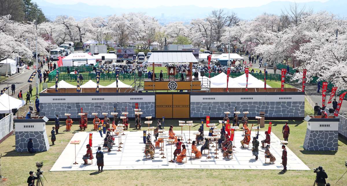 Local high school students perform Ningen Shogi, human Japanese chess on  top of Mt. Maizuru, in Tendo, Yamagata Prefecture on April 22, 2017. Tendo  is known for production of shogi koma,'' pieces