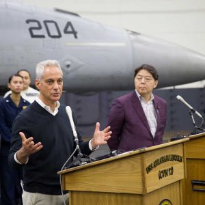 US Ambassador Rahm Emanuel Foreign Min Hayashi onboard USS Abraham Lincoln source US Navy twitter 4 23