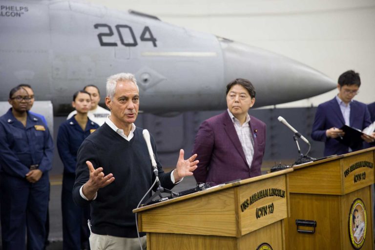 US Ambassador Rahm Emanuel Foreign Min Hayashi onboard USS Abraham Lincoln source US Navy twitter 4 23