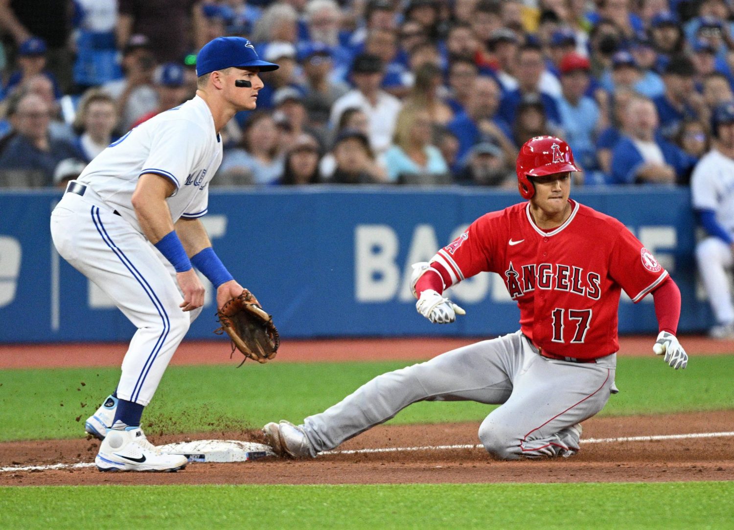 Shohei Ohtani of the Los Angeles Angels slides into second base